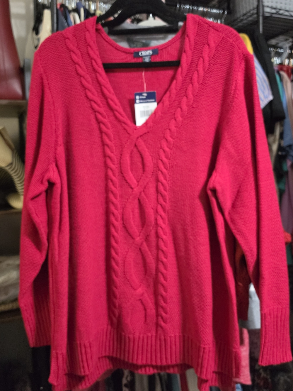 CHAPS  Bright Red Cable-Knit V-Neck Sweater